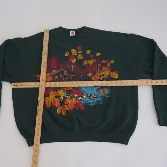 Vintage Fruit of the Loom Green Cabin Leaves Nature Fall Sweatshirt Cabincore XL - Picture 2 of 10
